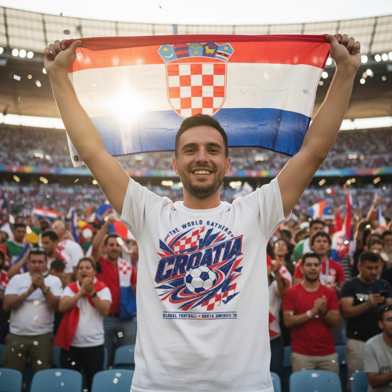 May include: A person holding a Croatian flag above their head, smiling at a stadium event. The person is wearing a white t-shirt with a Croatia soccer design. The flag has a red, white, and blue design.
