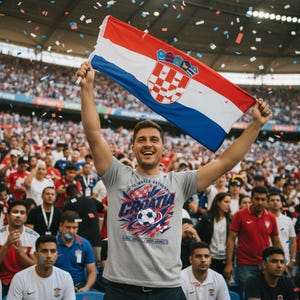 May include: A person holds a Croatian flag aloft in a stadium filled with cheering fans. The flag features a red, white, and blue design with the Croatian coat of arms. The person wears a gray t-shirt with a Croatia soccer graphic.