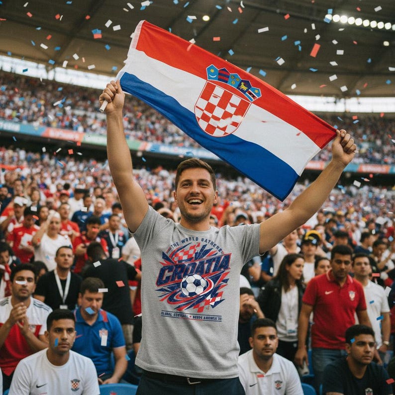 May include: A person holds a Croatian flag aloft in a stadium filled with cheering fans. The flag features a red, white, and blue design with the Croatian coat of arms. The person wears a gray t-shirt with a Croatia soccer graphic.