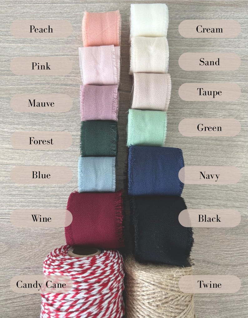 May include: An assortment of fabric ribbons and twine in various colors, including peach, pink, mauve, forest green, blue, wine, black, cream, sand, taupe, green, and navy. A roll of red and white candy cane twine and a roll of natural twine are also visible.