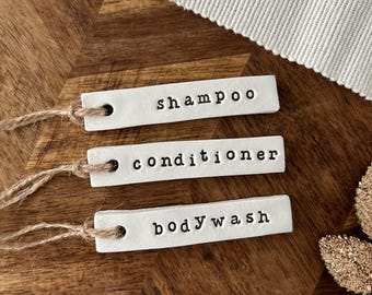 Shampoo, conditioner & body wash clay tags | Handmade shampoo and conditioner labels | Bathroom labels | Bathroom organisation | shower.