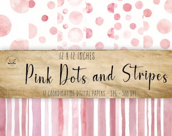 Pink Pattern Background Digital Paper Polka Dot Stripe Pink Printable Craft Supply Scrapbook Dots Party Invitation Background Design Planner