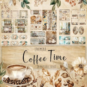 Paquete de efímeras para diario basura Coffee Time: material imprimible digital para scrapbooking y diario basura con temática de café
