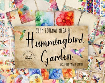 Kit per diario con colibrì / Materiale per junk journal / Download digitale stampabile / Materiale per scrapbooking / Fiori da giardino