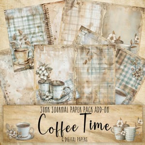 Papel imprimible de diario vintage con temática de café, efímeras y páginas de manualidades digitales para scrapbooking y diario.