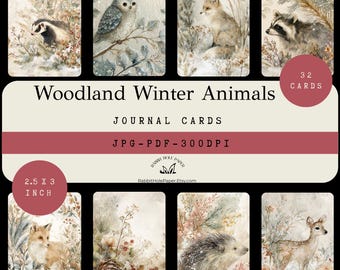 May include: Set of 32 journal cards featuring watercolor illustrations of woodland winter animals. Each card measures 2.5 x 3 inches and includes images of a badger, owl, fox, raccoon, deer, and hedgehog. The cards are labeled "Woodland Winter Animals".