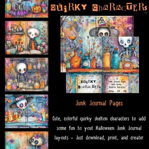 Skeleton Design Halloween Printable Digital Download Journal Pages Spooky October Template Craft Supply Scrapbook Material Junk Journal Spread Letter Size Format Whimsical Character Collection Bold Halloween Colors Quirky Art Pages High