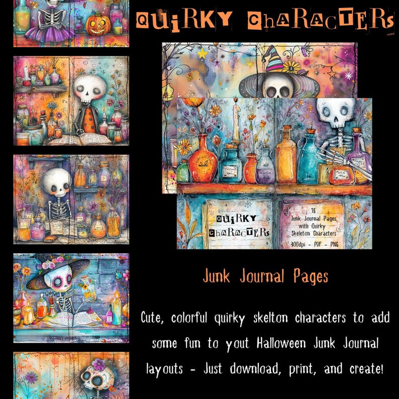 Skeleton Design Halloween Printable Digital Download Journal Pages Spooky October Template Craft Supply Scrapbook Material Junk Journal Spread Letter Size Format Whimsical Character Collection Bold Halloween Colors Quirky Art Pages High