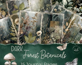 Dark Botanical Journal Pages | Woodland Forest Ephemera Printable | Vintage Green Digital Download | Moody Scrapbook Craft Supply