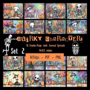Halloween Journal Printable Skeleton Design Digital Download Junk Journal Template Letter Size Pages Spooky Art Collection Scrapbook Material Craft Supply October Decoration Whimsical Character Pages Bold Colors Double Page Spread High