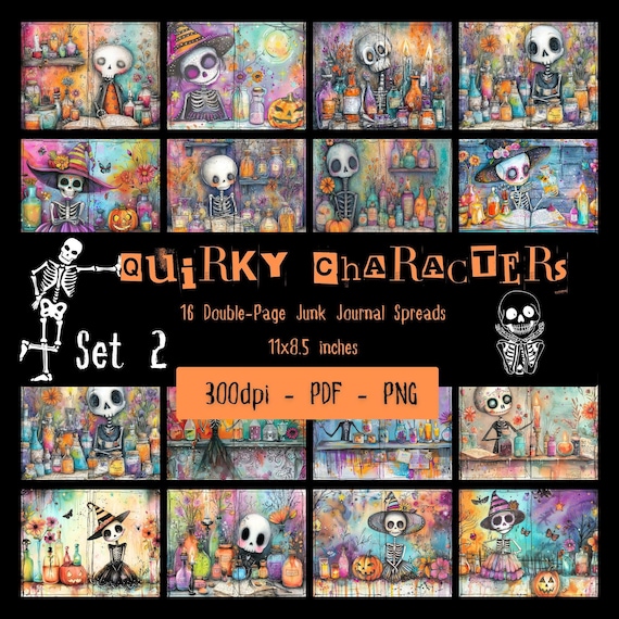 Halloween Journal Printable Skeleton Design Digital Download Junk Page Template Letter Size Spread Spooky Art Scrapbook Material Craft