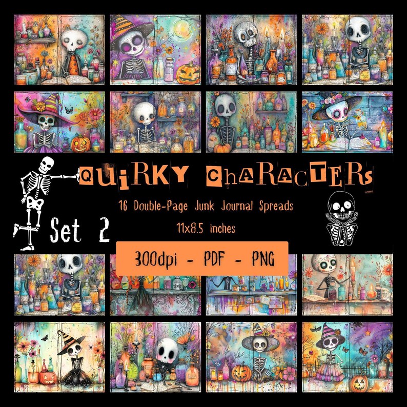 Halloween Journal Printable Skeleton Design Digital Download Junk Journal Template Letter Size Pages Spooky Art Collection Scrapbook Material Craft Supply October Decoration Whimsical Character Pages Bold Colors Double Page Spread High