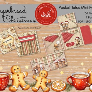Pode incluir: Um kit de artesanato em papel dobrável com tema de Natal. O kit inclui 56 peças e 7 páginas, com tema de pão de gengibre. O design apresenta bonecos de gengibre, canecas de cacau e o texto "Gingerbread Christmas". O tamanho aproximado é de 6,35 cm x 6,35 cm.