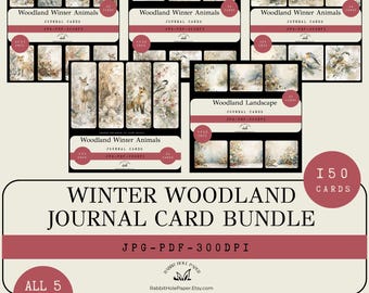 May include: A bundle of winter woodland journal cards featuring watercolor illustrations of animals and landscapes. The set includes 150 cards with various designs, including foxes, birds, and winter scenes. The text on the cards reads "Woodland Winter Animals" and "Woodland Landscape".