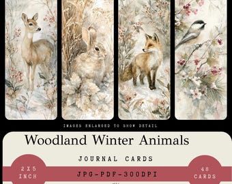 May include: Set of four journal cards featuring watercolor illustrations of woodland winter animals. The cards include a deer, rabbit, fox, and bird, with dimensions of 2 x 5 inches.