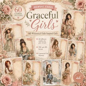 May include: A collection of 60 journal cards titled Graceful Girls featuring illustrations of young people in various settings with floral accents, soft pink and beige tones, and text including 60 Cards Included and 60 Whimsical Faith-Inspired Girls.