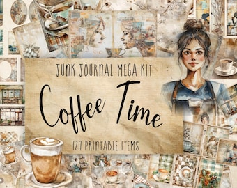 Coffee Journal Kit Digital Download Vintage Ephemera Paper Craft Rustic Design Theme Junk Card Collection Printable Tag Scrapbook Supply