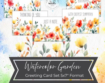Tarjeta de felicitación de acuarela, descarga digital, papelería imprimible, diseño floral, conjunto de plantillas de cumpleaños, sobre, nota de agradecimiento instantánea