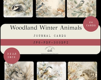 May include: A set of 24 journal cards featuring watercolor illustrations of woodland winter animals. Each card measures 3 x 2.5 inches. The cards include images of a badger, blue jay, fox, bird, rabbit, and hedgehog. The text "Woodland Winter Animals" is displayed.