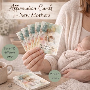May include: A set of affirmation cards for new mothers. The cards are 2.5 x 3.5 inches and feature watercolor illustrations. The text on the cards reads "My calm energy helps my baby feel secure." The set includes 30 different cards.