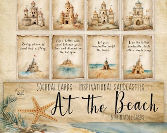 Beach Junk Journal Cards: Sandcastle Ephemera, Scrapbooking (Digital Download 3x4in, 8pc Set)