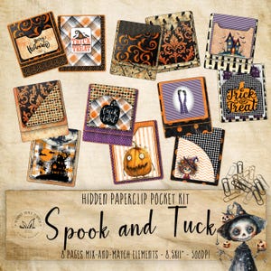 May include: A collection of Halloween-themed paperclip pocket kits with various designs, including pumpkins, haunted houses, and the text "Trick or Treat." The kits feature orange, black, and purple color schemes, perfect for scrapbooking or crafting. The text "Spook and Tuck" is also visible.