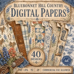 Papiers numériques Bluebonnet Hill Country, 40 JPG, motifs aquarelle Texas Ranch Bandana Denim Toile Quilt, usage commercial