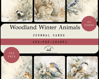 May include: A set of journal cards featuring watercolor illustrations of woodland winter animals. The cards include images of a badger, rabbit, blue jay, fox, robin, and other birds. Each card measures 3 x 3 inches.