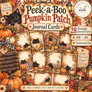 May include: A collection of 28 printable journal cards titled Peek-a-Boo Pumpkin Patch, featuring illustrations of black cats, pumpkins, autumn leaves, and lanterns. The set includes PDF and JPG files for commercial use with a cozy fall theme.