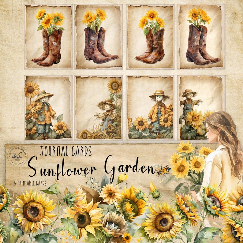 Sunflower Journal Printable Junk Cards Digital Ephemera Kit Rustic Fall ...