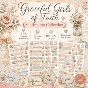Rose Sentiment Digital Download | Christian Junk Journal Kit with 233 Printable Quotes, Tags & Blanks