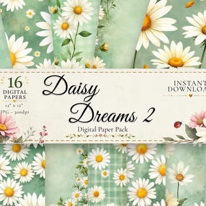 Daisy Digital Paper Scrapbook Background Watercolor Pattern Download Printable Sheet Pack Floral Design Botanical Texture Dreams Spring