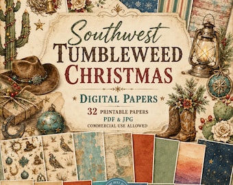 Może przedstawiać: Cyfrowa kolekcja papierów zatytułowana Southwest Tumbleweed Christmas zawierająca 32 pliki PDF i JPG do druku. Obrazy przedstawiają kapelusz kowbojski, kaktus, latarnię, kowbojki oraz różne rustykalne wzory świąteczne w odcieniach ziemi.