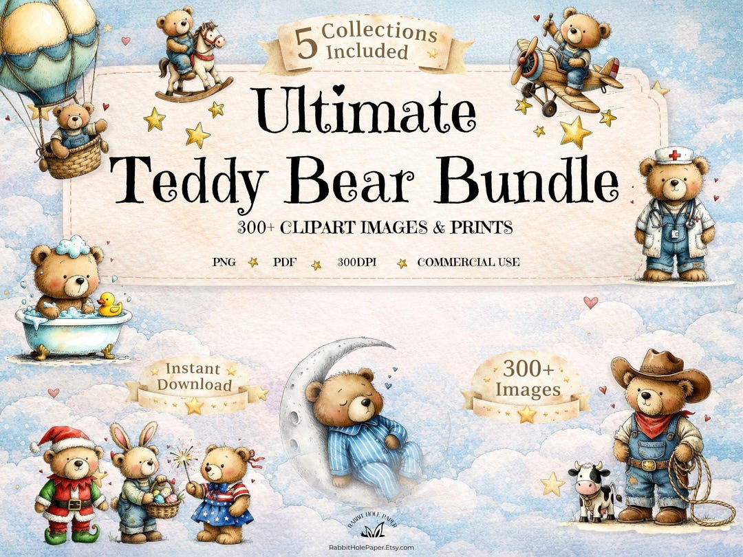 Teddy Bear Clipart Bundle PNG Watercolor Bears, Nursery Graphics, Baby ...