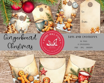 May include: A set of Christmas tags and envelopes with a gingerbread theme. The tags feature gingerbread men, mugs of hot cocoa, and winter scenes. The envelopes also have gingerbread men and festive decorations. The text on the image says "Gingerbread Christmas".