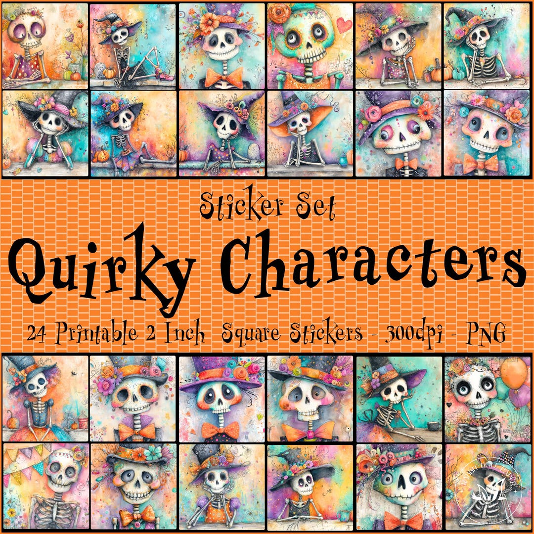 Halloween Skeleton Printable Digital Sticker Square Design Quirky ...