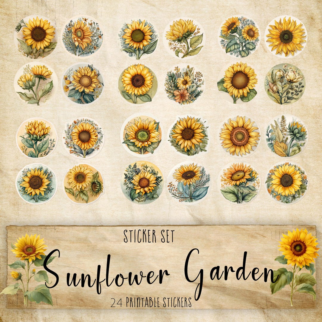 Sunflower Stickers Pattern Sunflower Printable Sticker Digital Download Botanical Illustration ...