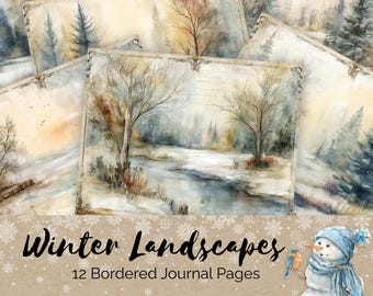 May include: A collection of 12 bordered journal pages featuring watercolor winter landscape paintings. The artwork depicts snowy scenes with trees and a river. The text "Winter Landscapes" and "12 Bordered Journal Pages" are visible.