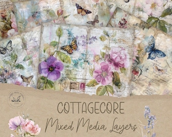 May include: A collection of ten journal pages with a cottagecore theme. The pages feature watercolor flowers, butterflies, and handwritten script. The color palette includes soft pinks, purples, and blues. The text on the pages reads "COTTAGECORE Mixed Media Layers".