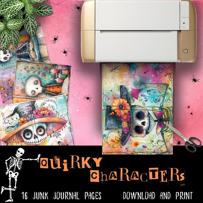 Journal Template Collection Halloween Printable Design Skeleton Theme Digital Download Letter Size Format Spooky Art Pages Junk Journal Material Scrapbook Resource October Crafting Supply Whimsical Character Collection Bold Color Design