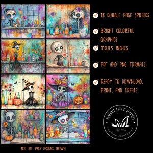 Spooky Art Journal Printable Halloween Skeleton Design Digital Download Template Scrapbook Material Craft Supply October Journal Pages Letter Size Spread Whimsical Character Collection Bold Color Design Print Ready Format Junk Journal