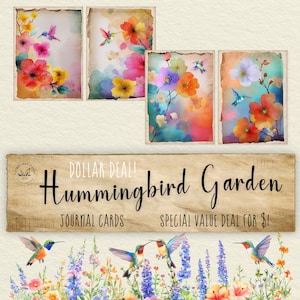Oferta especial de um dólar – Cartões de diário em aquarela do Hummingbird Garden (conjunto de 4, PNG)
