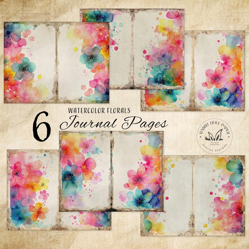 Watercolor Journal Paper Digital Download Bright Floral Printable ...
