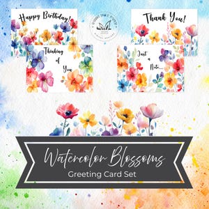 Watercolor Floral Greeting Cards – Printable Set of 4 for Birthday, Thank You, Just a Note – Instant Download, 5x7 Folded