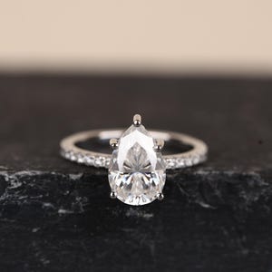 Pear Cut Moissanite Engagement Ring: Solid Gold Hidden Halo Bridal Ring