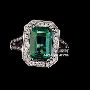 Halo Emerald Cut Moissanite Diamond Anniversary Ring Emerald Green Ruby Engagement Ring Spilt Shank Gift For Her Bridal Promise Ring