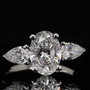 Three Stone Oval Cut Moissanite Diamond Anniversary Ring Side Pear Cut Diamond, Lab Grown Diamond Bridal Promise Ring Gift For Her