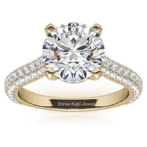 Cathedral Moissanite Engagement Ring: Lab Grown Diamond Hidden Halo