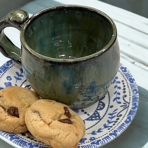 Forest Blues Green & Blue Ceramic Mug – Handmade Stoneware | 12oz Wheel-Thrown Pottery with Thumb Rest