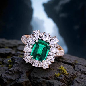 Bague avec pierres précieuses taille émeraude : halo d&#39;or art déco vintage, accent diamants